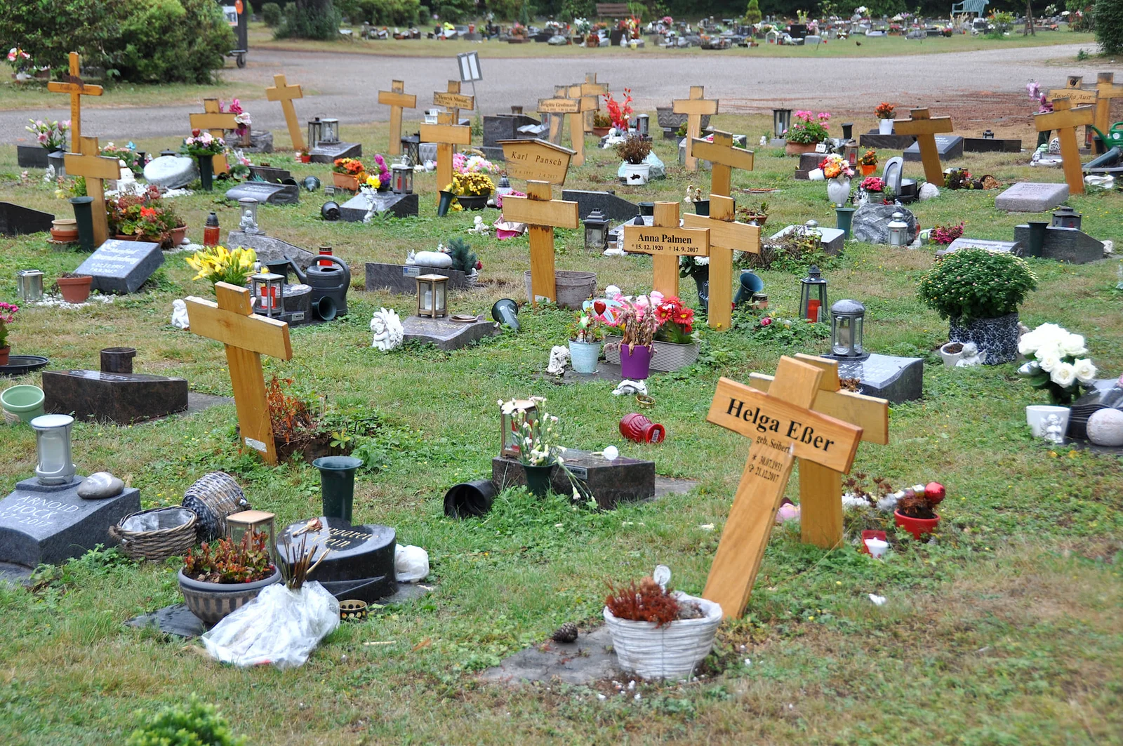 Offenes Rasengräberfeld mit zahlreichen hölzernen Kreuzen, niedrigen Grabsteinen, Laternen und buntem Grabschmuck auf Westfriedhof Köln
